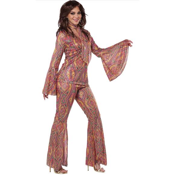 California Costumes Women's 1970s Disco Costume  Sequin Top Bell Bottom Pants - Picture 3 of 12